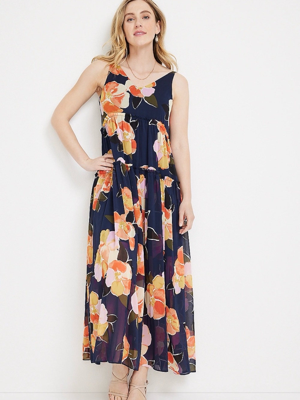 Navy Floral Maxi Dress with Orange & Pink Blooms